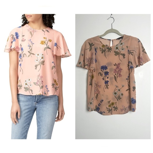 J.Crew Tullerie Coral Pink Floral Flutter Sleeve 100% Silk Feminine Blouse Top - Picture 1 of 13
